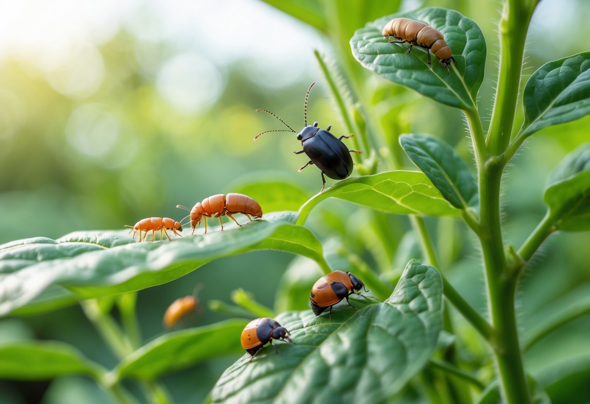 Nærbilde av ulike hageinsekter på grønne blader i en naturlig utendørs setting.