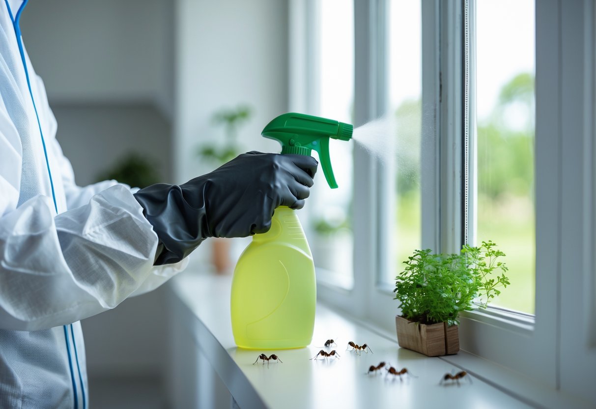 En person bruker beskyttelseshansker og sprayer et miljøvennlig middel mot skadedyr i et lyst og ryddig hjem.