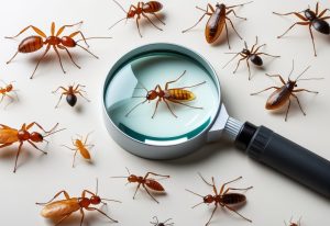 Nærbilde av ulike vanlige skadedyr med et forstørrelsesglass som fokuserer på en av dem.