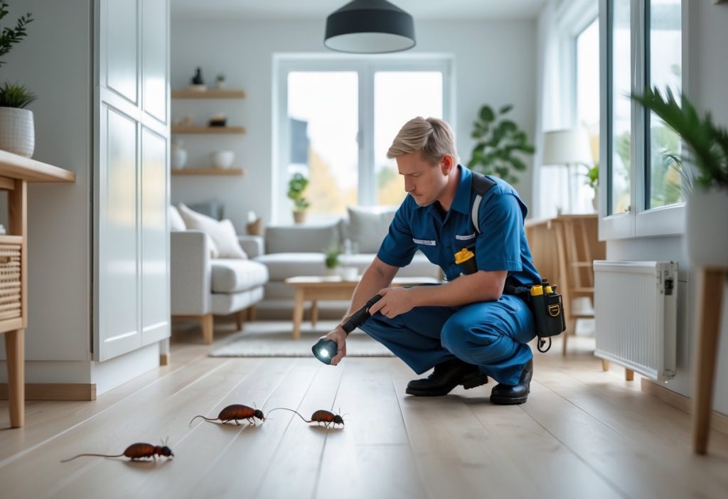 En skadedyrkontrollør inspiserer en lys og ryddig stue i et norsk hjem med typiske skadedyr som mus og maur i nærheten.