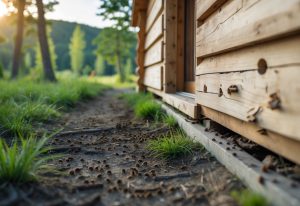 En hytte i naturen med tegn på skadedyr som små insekter og skade på treverket.