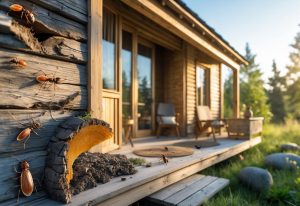 En hytte i naturen med nærbilder av vanlige skadedyr som maur, termitter og mus, og synlige skader på treverk og møbler.