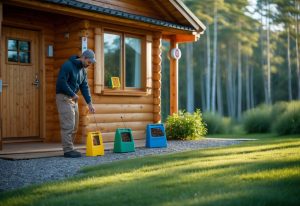 En person ved en hytte i skogen som setter opp skadedyrkontroll, med fokus på sikkerhet og forebygging.