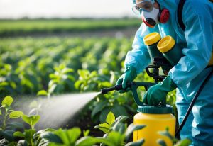 En person iført verneutstyr sprayer kjemiske midler i en plantehage.