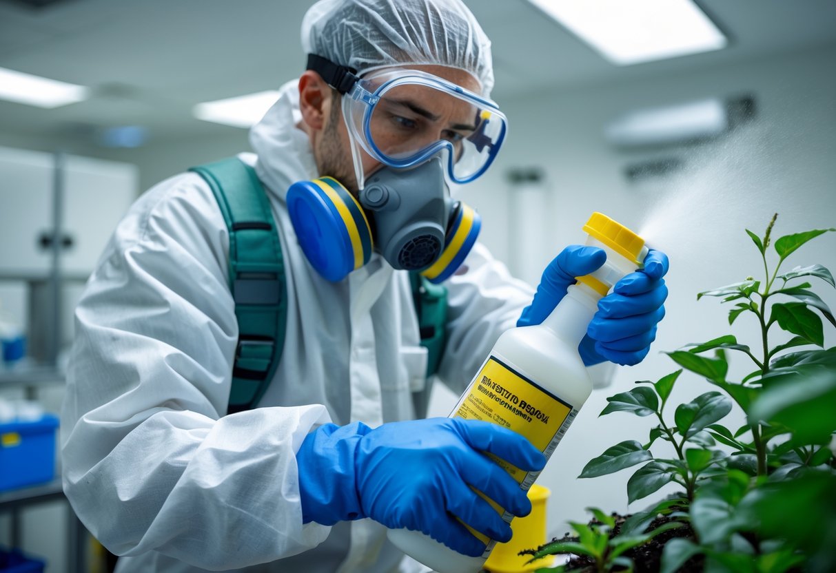 En person iført verneutstyr som bruker en sprayflaske til å påføre kjemiske midler på en plante i et rent og ryddig arbeidsmiljø.