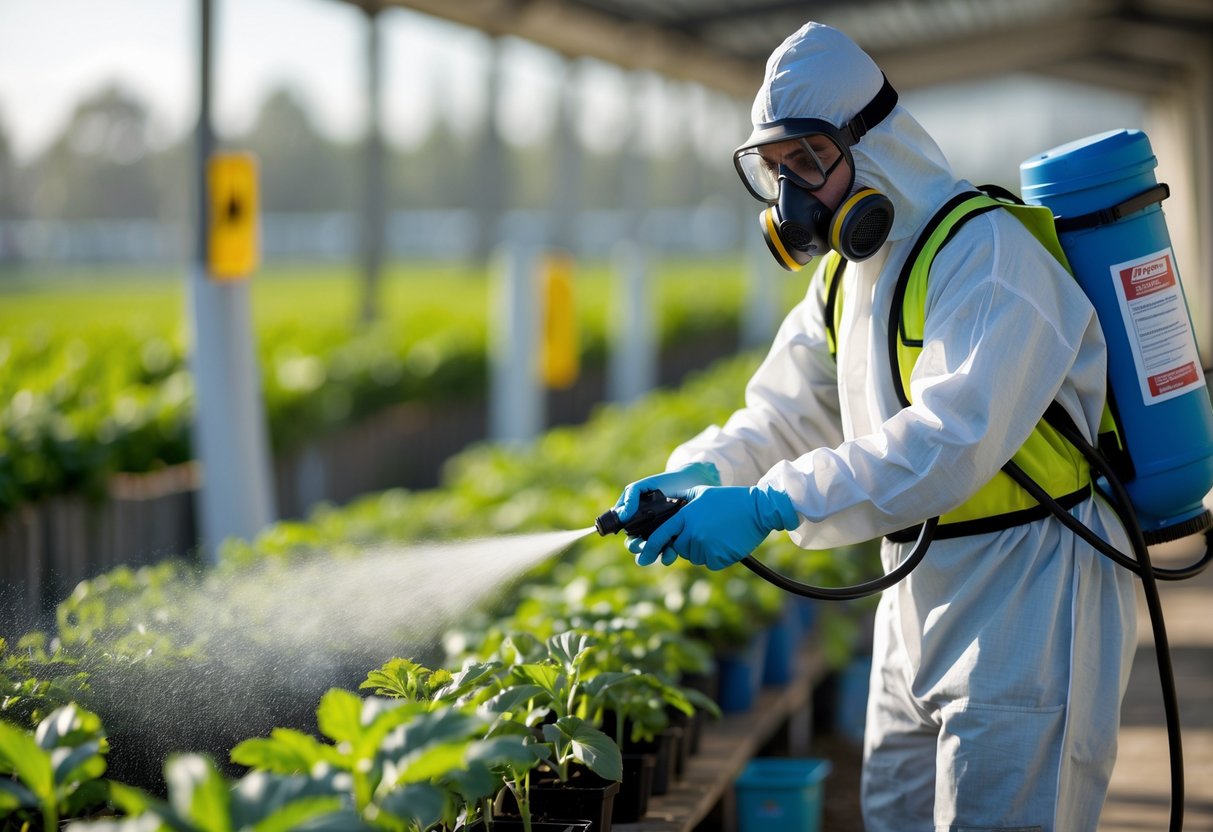 En arbeidstaker i verneutstyr sprøyter kjemisk behandling på planter i et kontrollert og ryddig område.