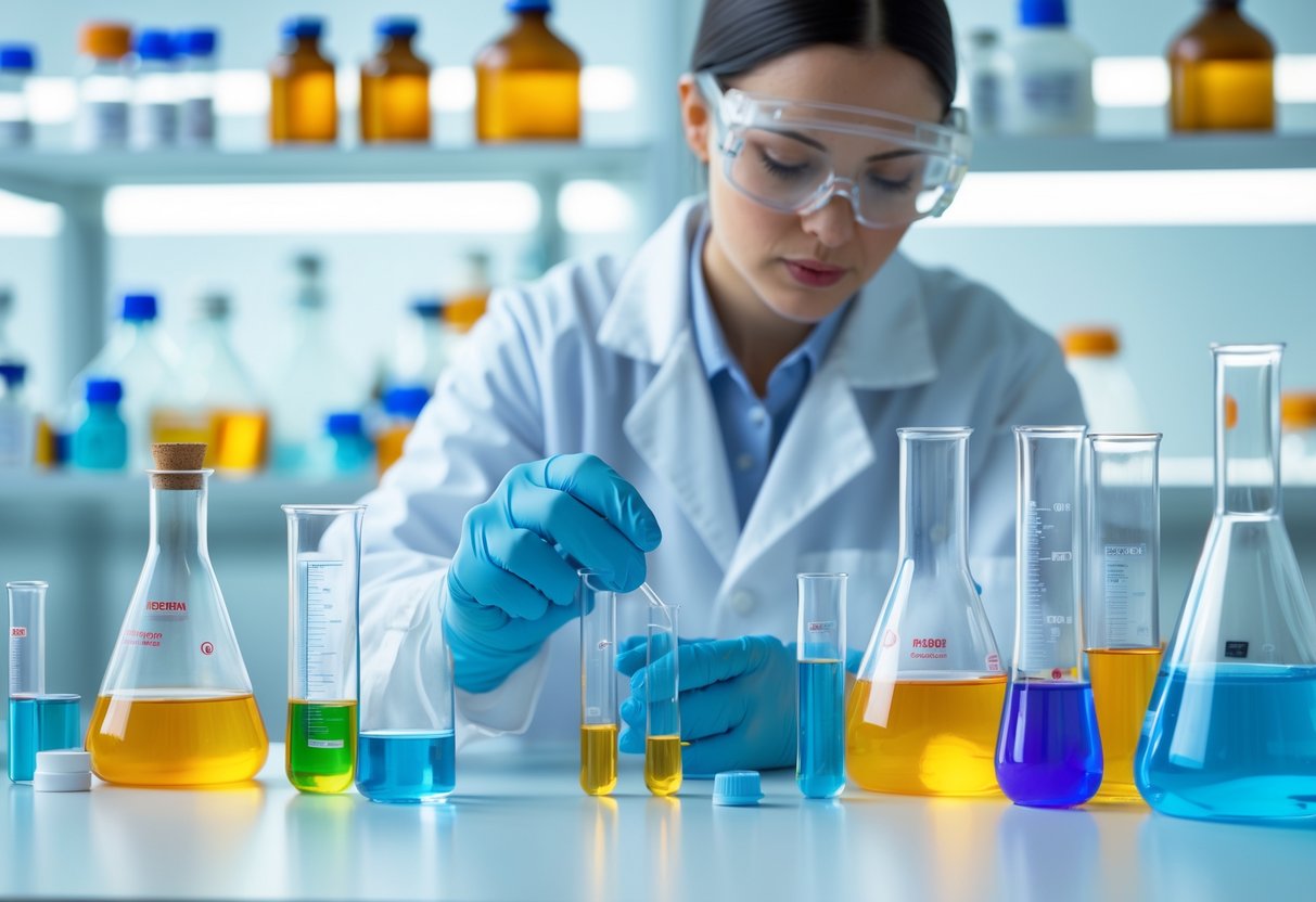 En forsker i laboratorieutstyr håndterer kjemiske stoffer på en ryddig benk med laboratorieutstyr rundt seg.
