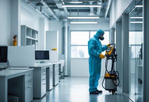 En tekniker i verneutstyr inspiserer et rent og ryddig industrilokale med maskiner og kontormøbler.