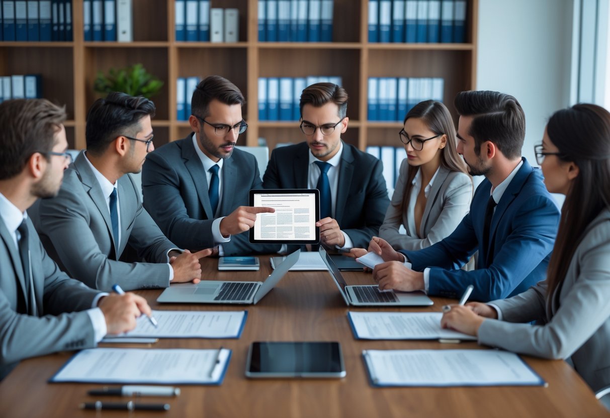 En gruppe forretningsfolk i et møte rundt et bord med dokumenter og datamaskiner, i et kontormiljø med bokhyller fulle av juridiske bøker.