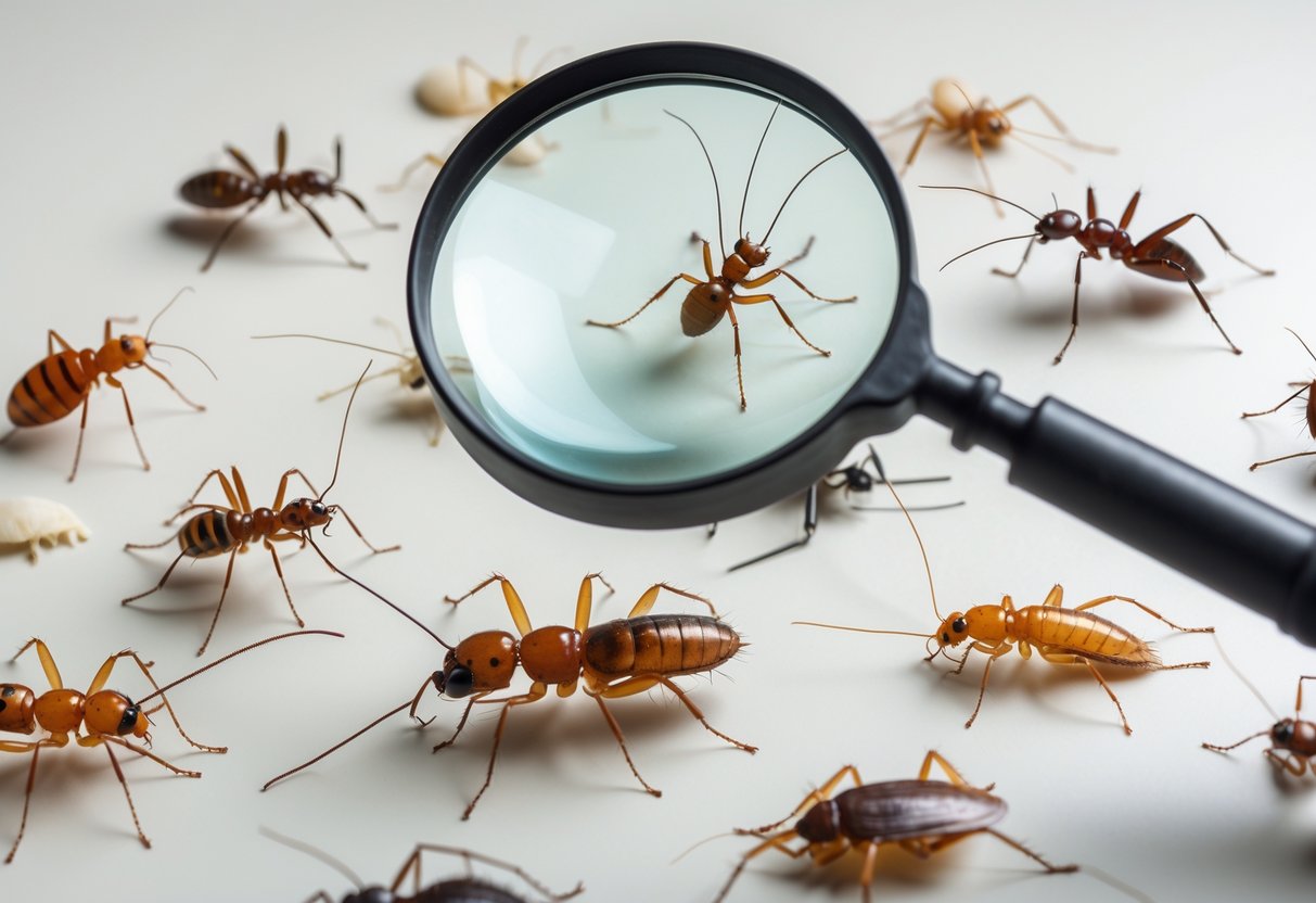 Nærbilde av forskjellige skadedyr som maur, kakerlakk og edderkopp med et forstørrelsesglass som fokuserer på ett av insektene.
