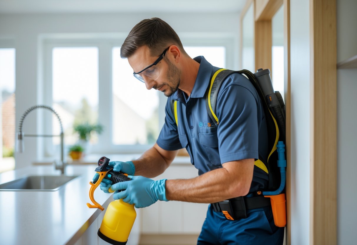En skadedyrtekniker i arbeid i et moderne hjem, iført uniform og verneutstyr, inspiserer et rom nøye.