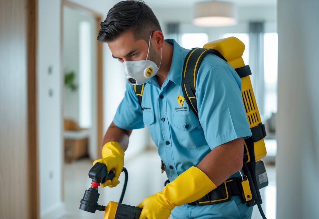 En skadedyrtekniker i arbeid inne i et rom, iført uniform og verneutstyr, som inspiserer området med utstyr.