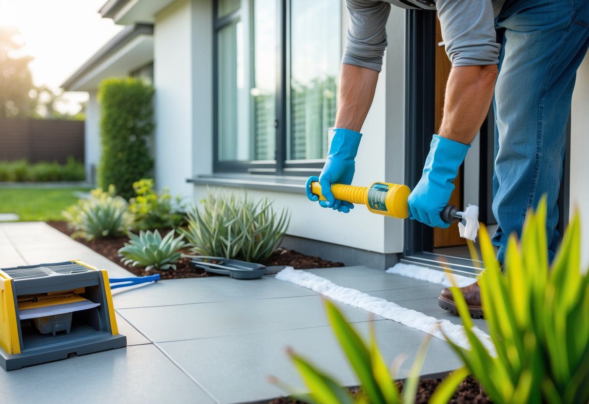 En person som tetter sprekker rundt vinduer på et moderne hus for å beskytte mot skadedyr.