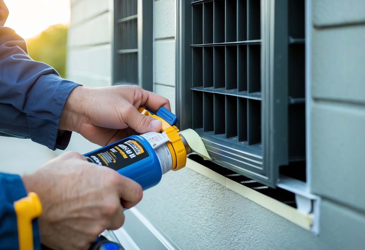 Nærbilde av hender som tetter en lufteventil på en bygning med verktøy.