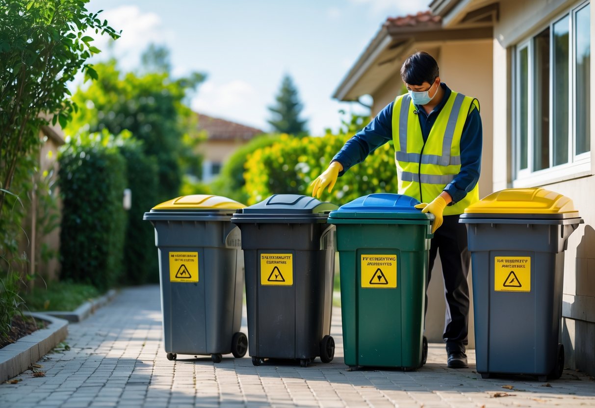 En person som håndterer søppelbøtter utendørs ved et rent og ryddig avfallshåndteringsområde uten skadedyr.