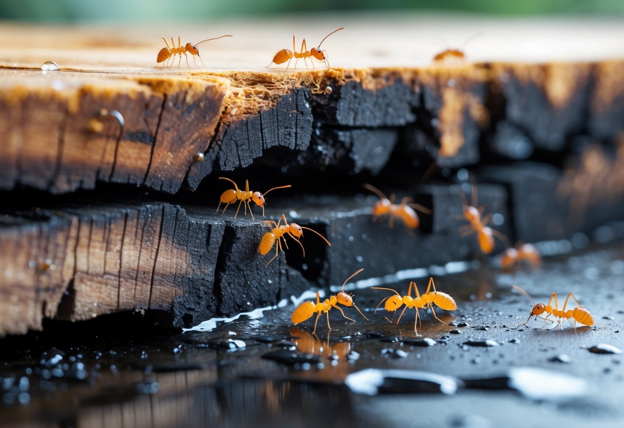 Nærbilde av råttent treverk med fuktighet og insekter som termitter og maur som kryper på det.