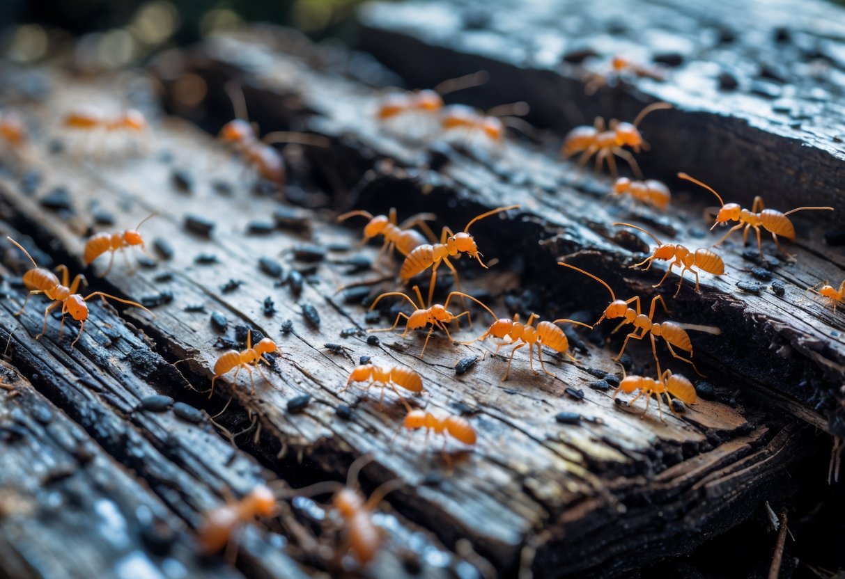 Nærbilde av råttent, fuktig treverk med insekter som termitter og maur som kryper rundt.