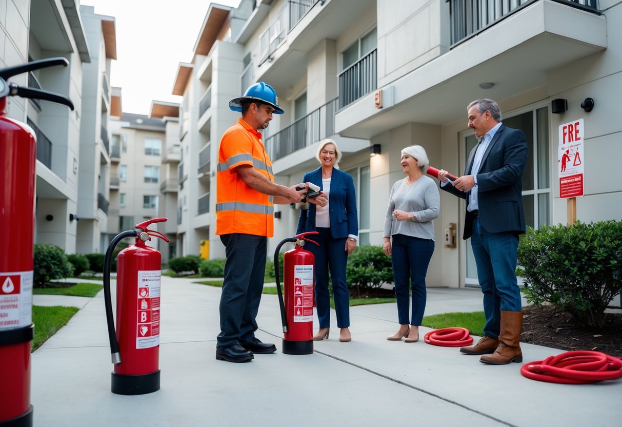 Beboere og en sikkerhetsoffiser gjennomfører brannsikkerhetsøvelse utenfor en moderne boligblokk med synlige brannslukkingsapparater og nødskilt.