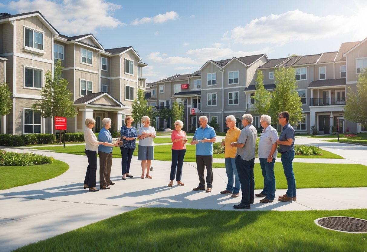 En gruppe mennesker som har et møte utendørs i et boligområde med flere leilighetsbygg og grønne områder.