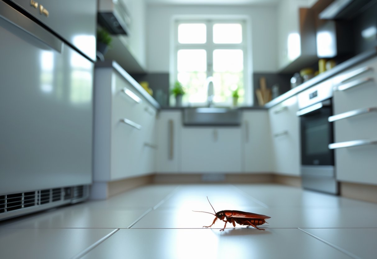 Et rent og moderne kjøkken med en liten kakerlakk på gulvet ved sokkelen.