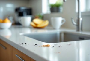 Nærbilde av maur på et kjøkkenbenk med noen smuler og kjøkkenutstyr i bakgrunnen.