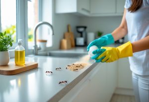 En person bruker et naturlig middel for å forebygge maur i et rent og ryddig kjøkken.