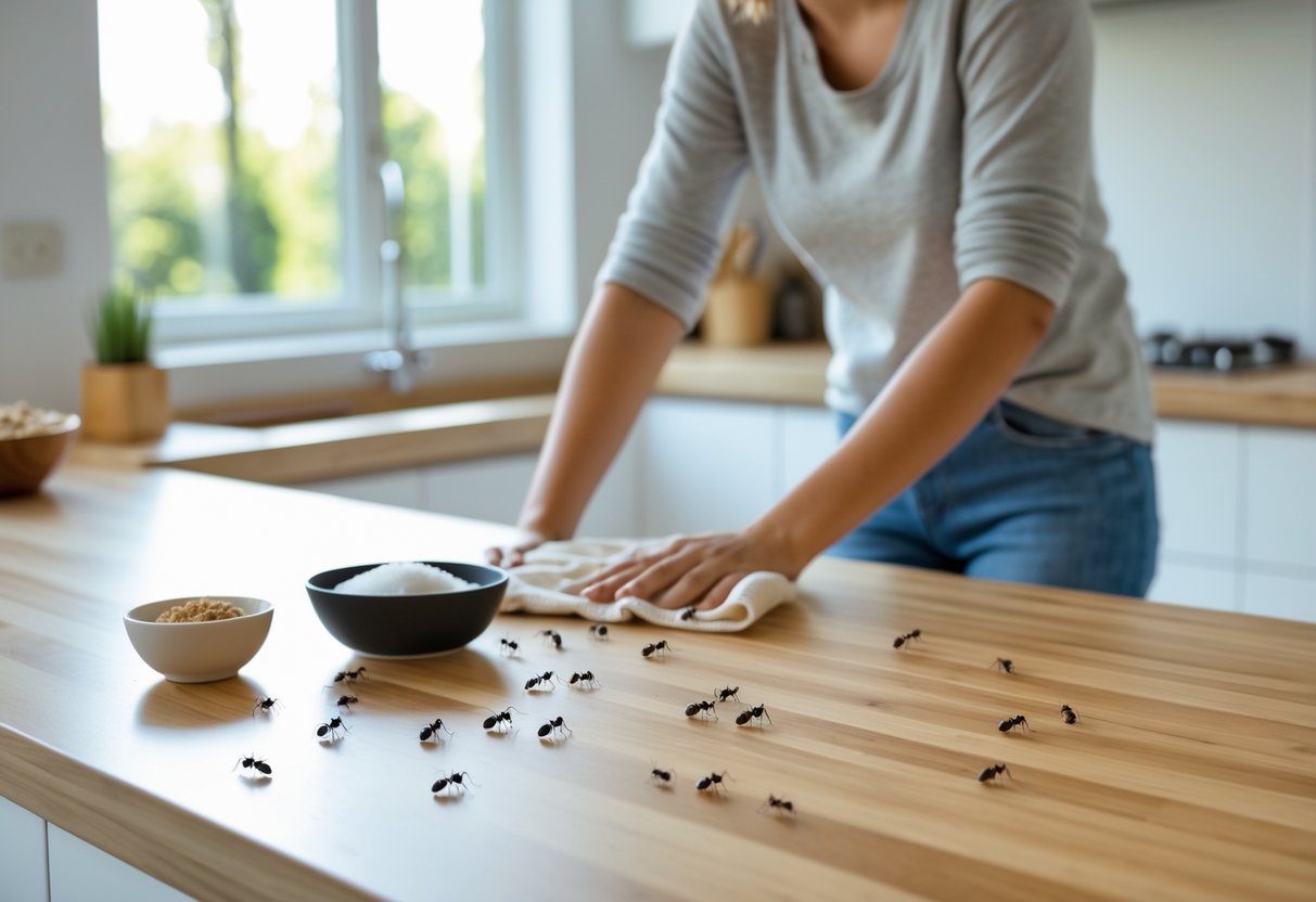 Et kjøkken med små maur på benken og en person som tørker overflaten for å fjerne dem.