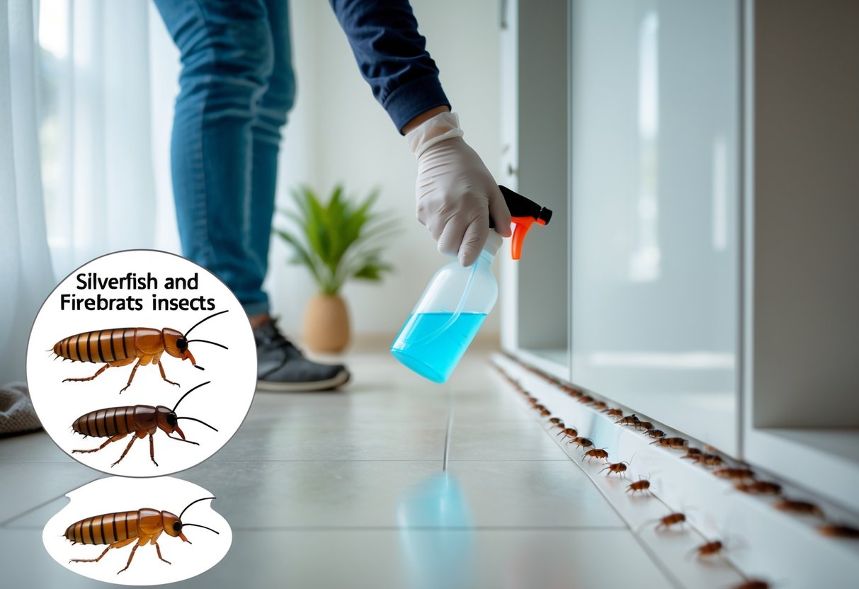 En person bruker hansker og sprayer insektmiddel langs gulvlisten i et rent hjem for å bekjempe sølvkre og skjeggkre. En illustrasjon viser forskjellen mellom de to insektene.