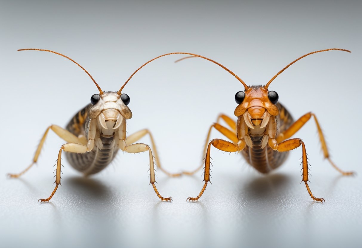Nærbilde av to forskjellige insekter, sølvkre og skjeggkre, plassert ved siden av hverandre på en nøytral bakgrunn.