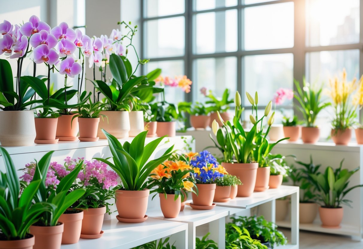 Innendørs rom med flere blomstrende planter i potter plassert på hyller og bord, med naturlig lys som strømmer inn gjennom store vinduer.