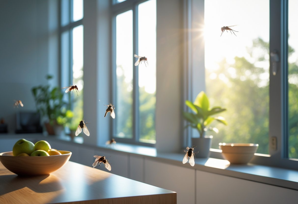 Innendørs stue med sollys, noen fluer på bord og kjøkkenbenk, frukt og planter i rommet.