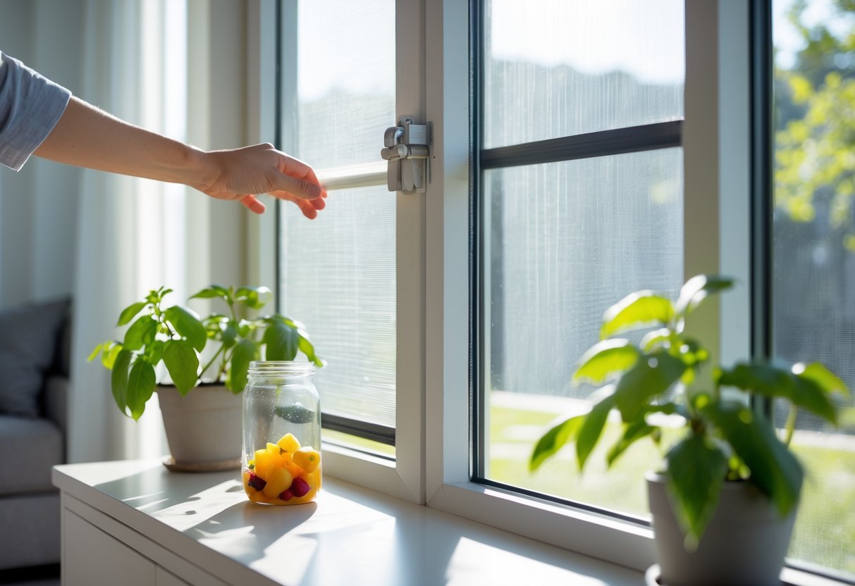 En person lukker et vindusskjerm i en lys stue med planter og en naturlig fluefelle på bordet.