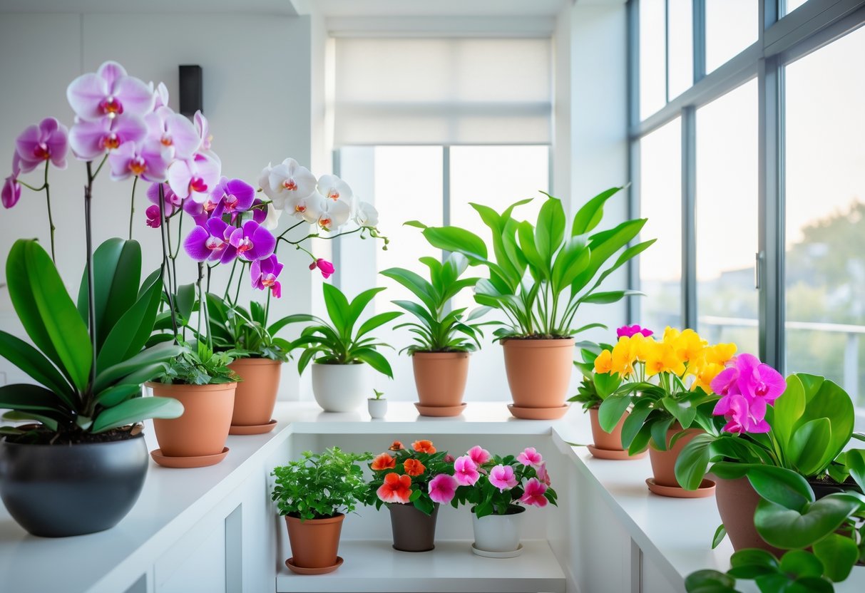 Innendørs rom med flere blomstrende potteplanter i ulike farger plassert ved vinduer og på møbler.