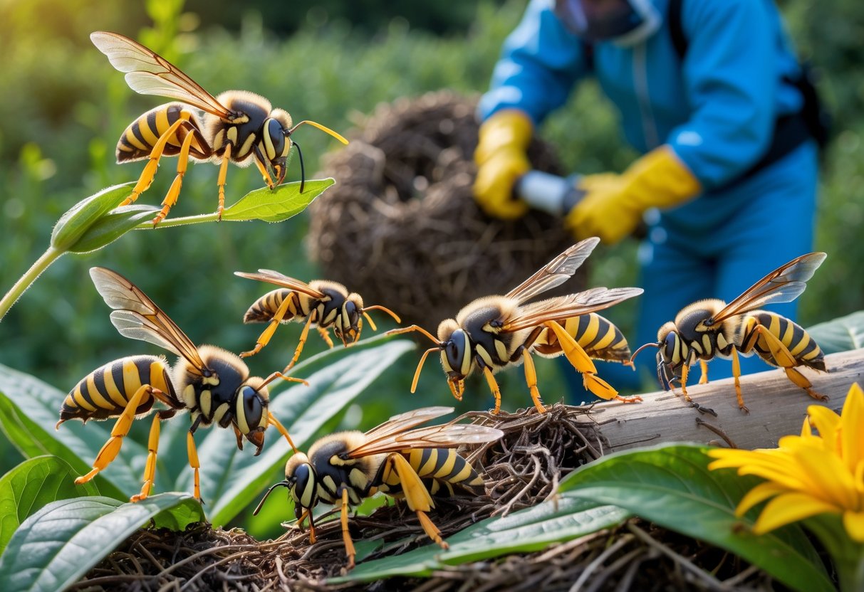 Nærbilder av veps og humler i ulike livsstadier, med en person i verneutstyr som trygt fjerner et vepsbol i bakgrunnen.