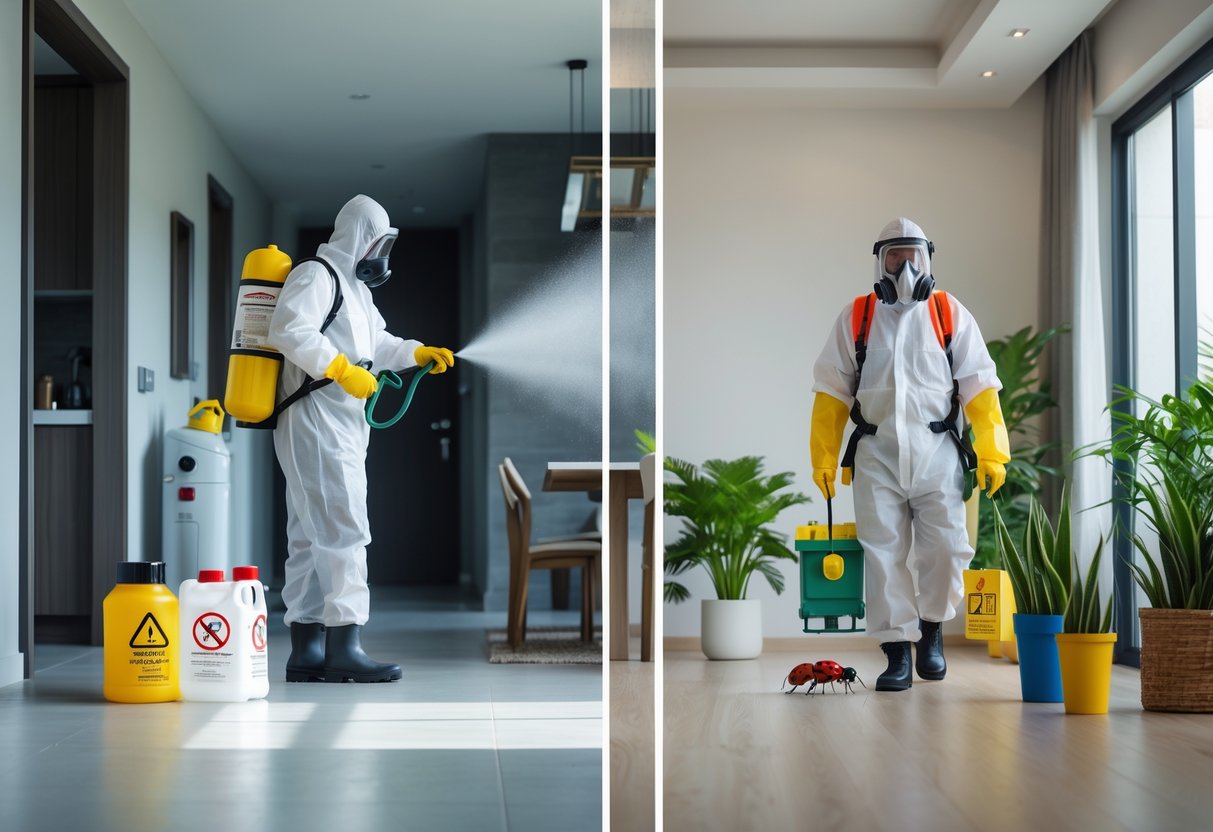 To personer som utfører skadedyrkontroll, en med kjemiske midler og en med giftfrie metoder, i et hjem.