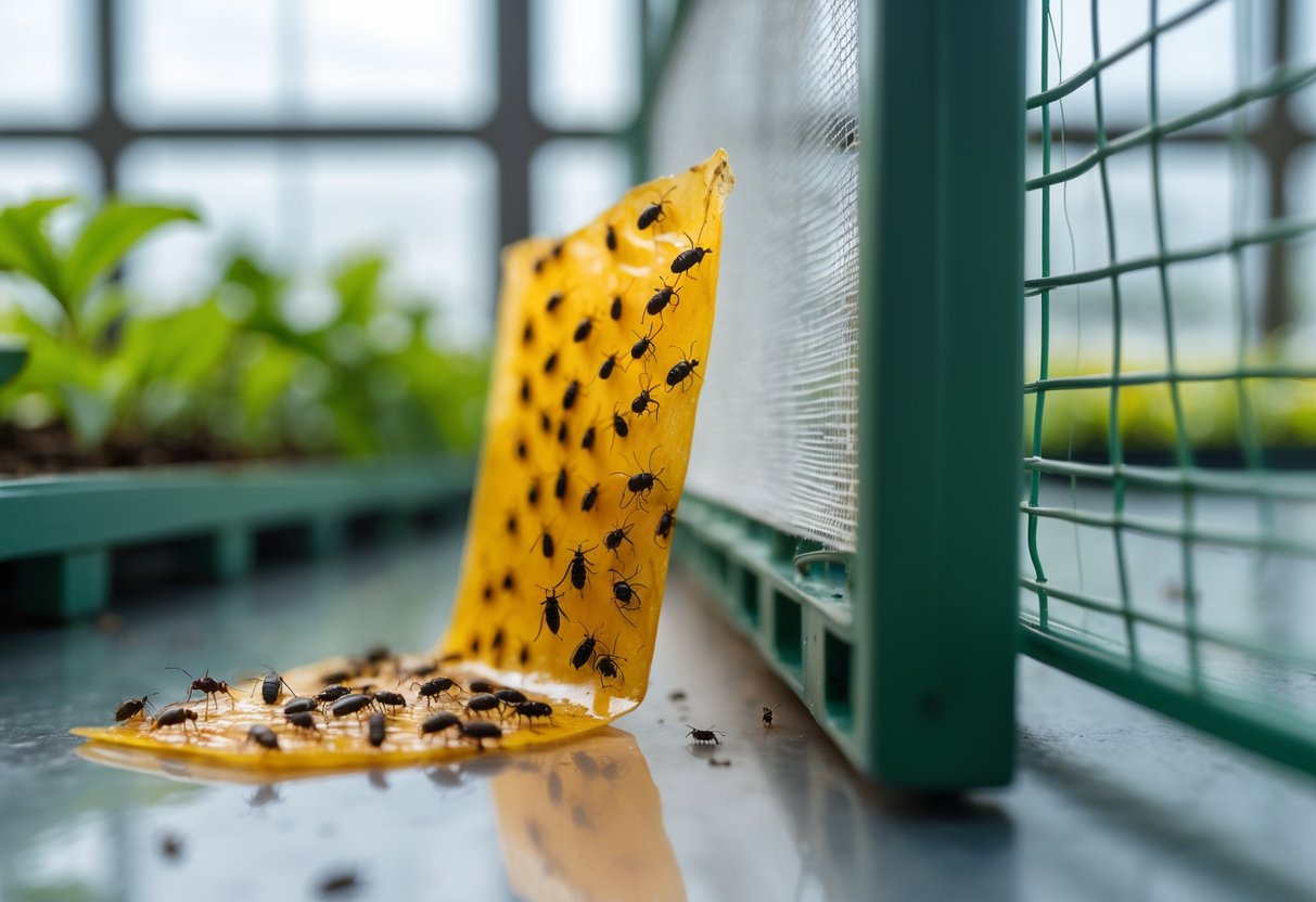 Nærbilde av en limfelle med insekter og en fysisk sperre som hindrer skadedyr.