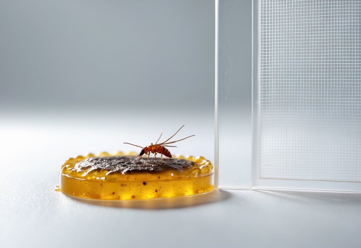 Nærbilde av en limfelle med et insekt fanget, ved siden av en fysisk sperre som blokkerer insekter.