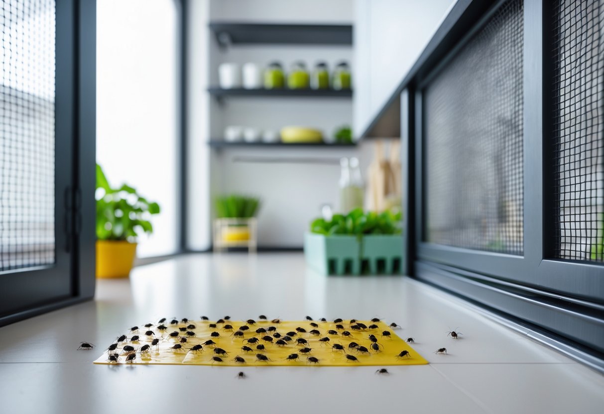 Nærbilde av en limfelle med insekter og en fysisk sperre som hindrer skadedyr i å komme inn i et rent innendørs rom.