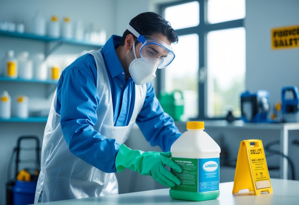 En person med verneutstyr håndterer forsiktig en beholder med skadedyrmiddel i et ryddig arbeidsområde med sikkerhetsskilt.