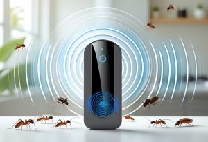 Et moderne ultralydskadedyrmiddel som sender ut lydbølger, med insekter og gnagere som beveger seg bort i et lyst og rent hjem.