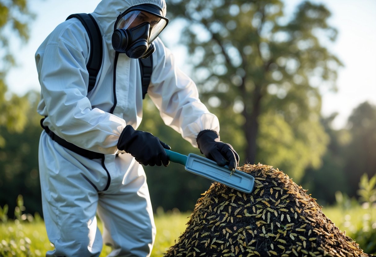 En person iført verneutstyr fjerner trygt et vepsebol utendørs.