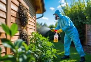 Person i verneutstyr fjerner et vepsebol fra siden av et hus med både naturlige og kjemiske metoder.