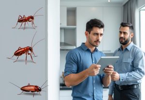 En ung voksen i en leilighet som inspiserer området mens en skadedyrbekjemper i uniform snakker med dem.