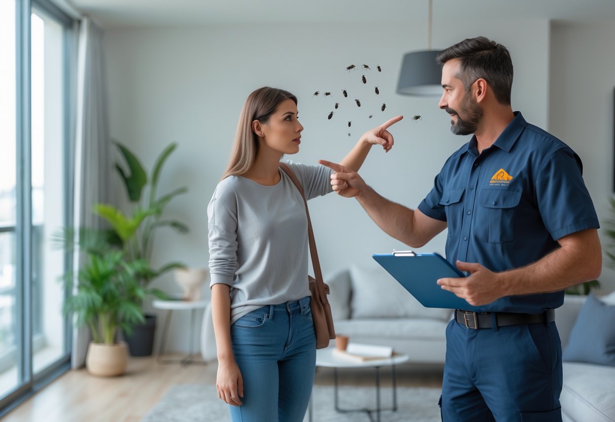 En leietaker snakker med en skadedyrbekjemper i en moderne leilighet.