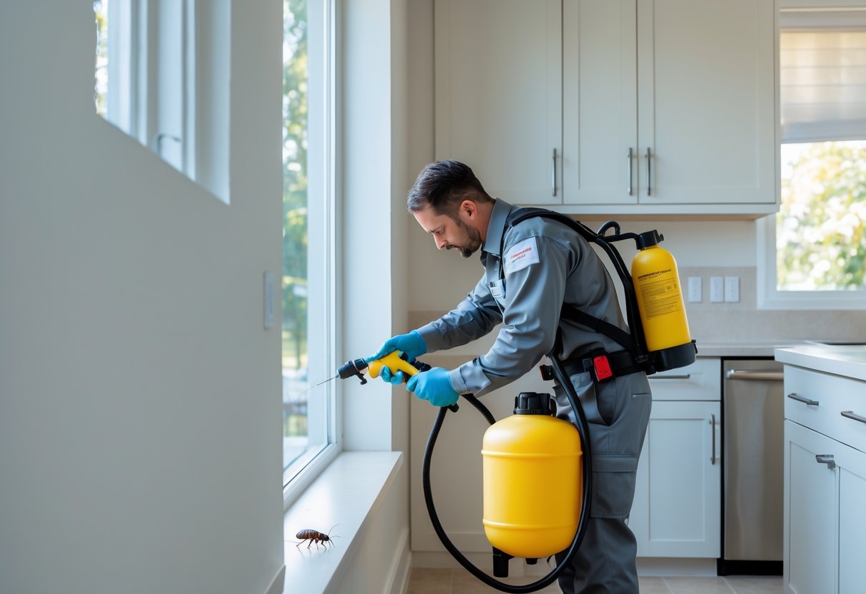 En skadedyrbekjemper inspiserer et hjørne i et moderne kjøkken med en sprøyte for skadedyrkontroll.