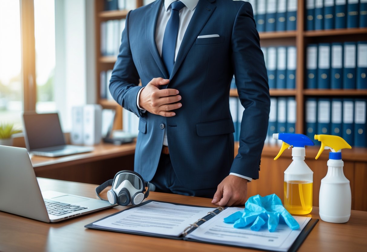 En profesjonell person i kontor omgitt av dokumenter og utstyr for skadedyrbekjempelse.