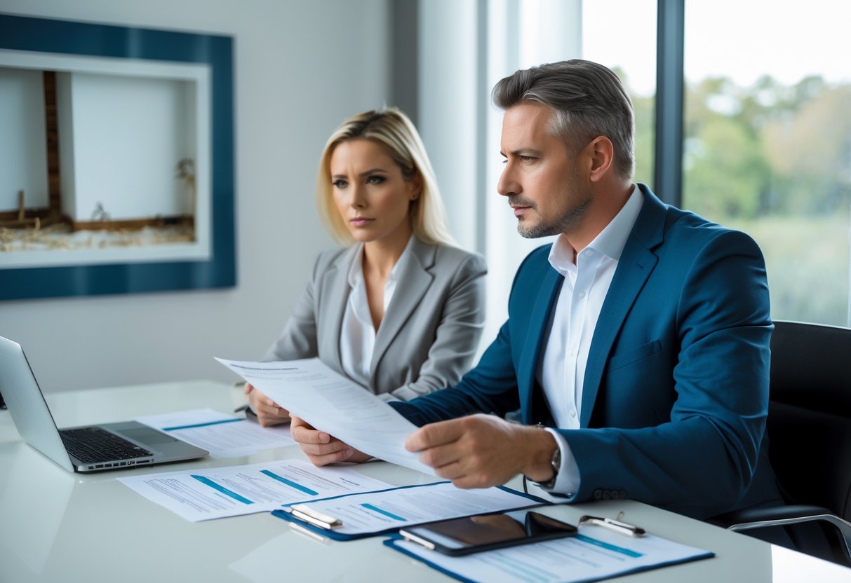 En forsikringsagent og en huseier som diskuterer dokumenter i et kontor, med synlig skade fra skadedyr i bakgrunnen.