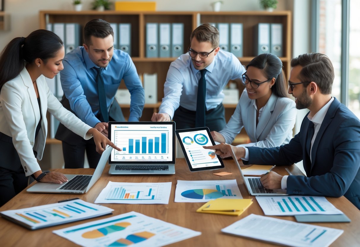En gruppe forretningsfolk som samarbeider rundt et bord med dokumenter og digitale enheter i et lyst kontor.