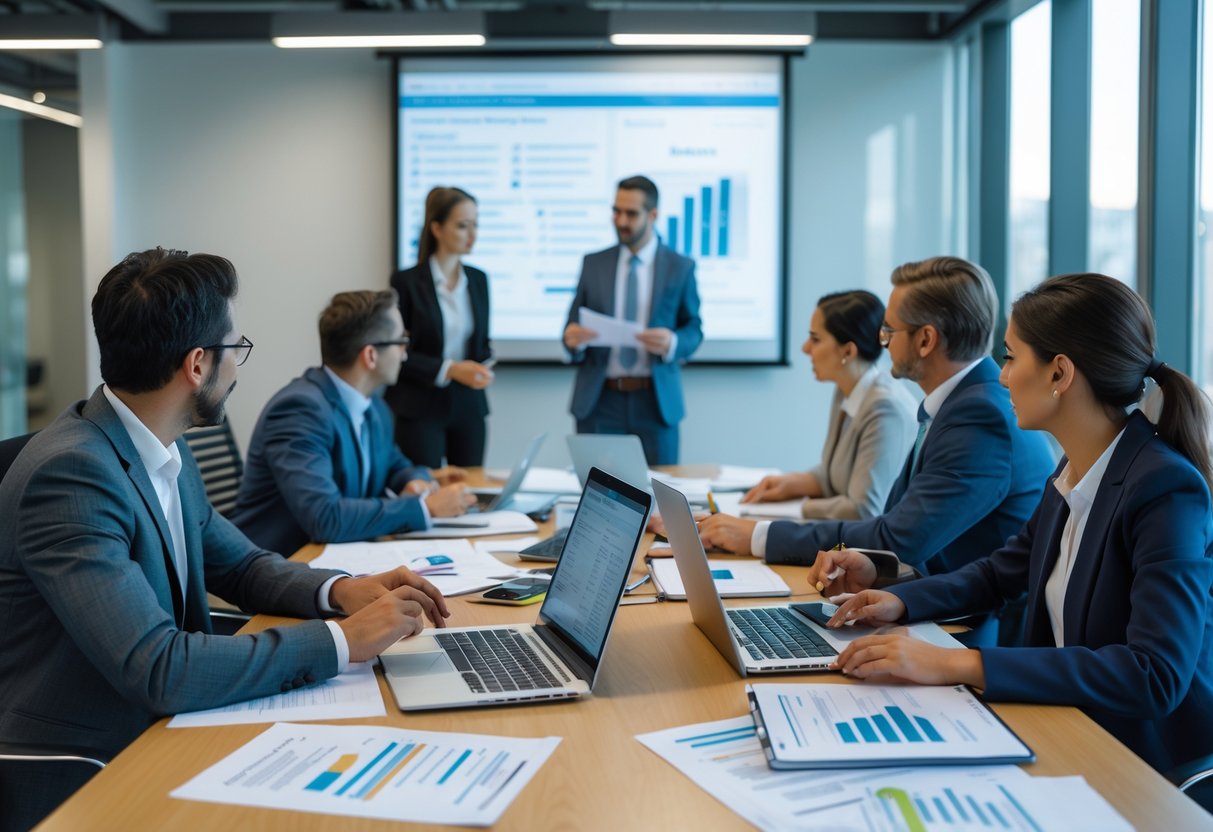 En gruppe forretningsfolk i et kontormøte som diskuterer og dokumenterer tiltak rundt et bord med bærbare datamaskiner og rapporter.