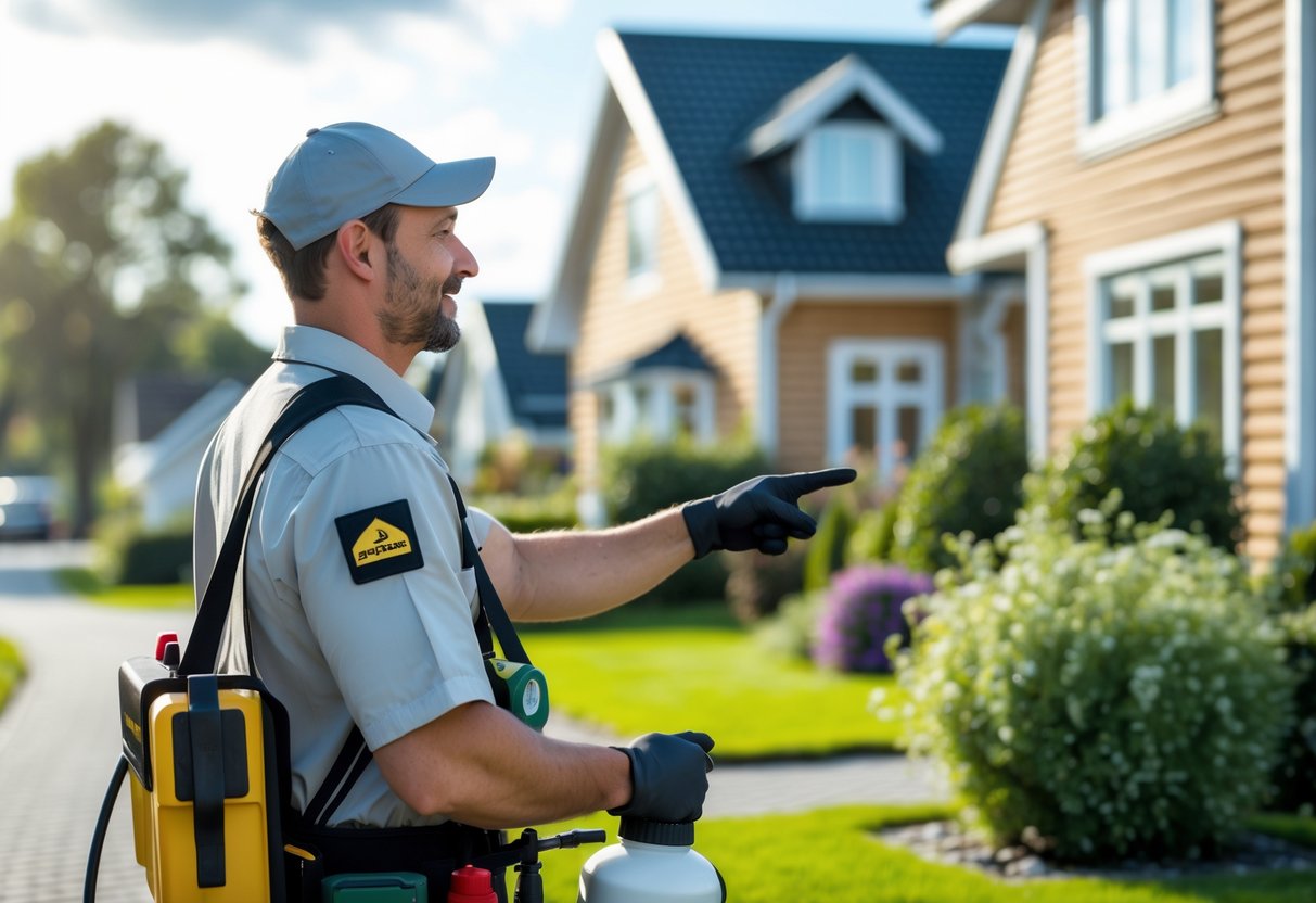 En skadedyrtekniker i uniform snakker med en huseier utenfor et hus i et boligområde.